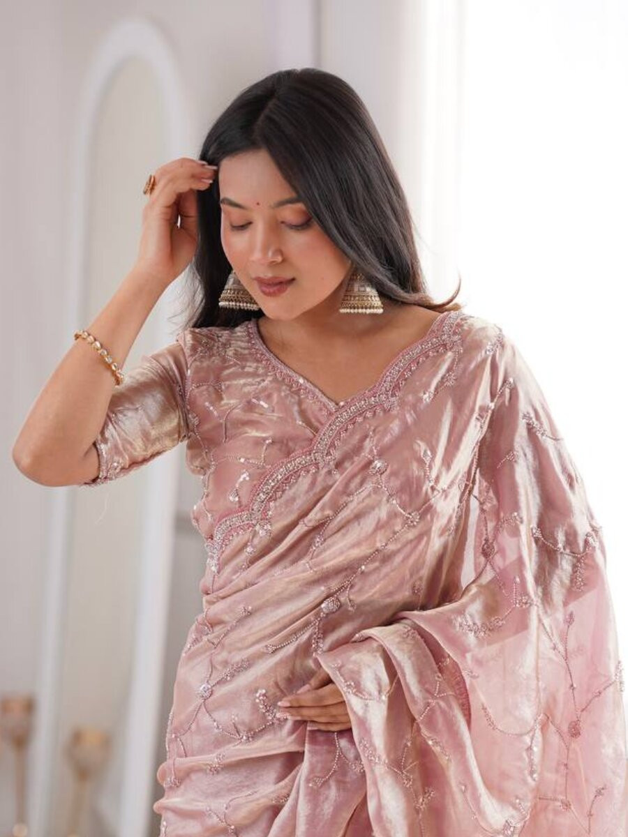 Peach Premium Two Tone Fandy Silk Embroidery Sequins Wedding Reception Party Festival Casual Heavy Border Sarees