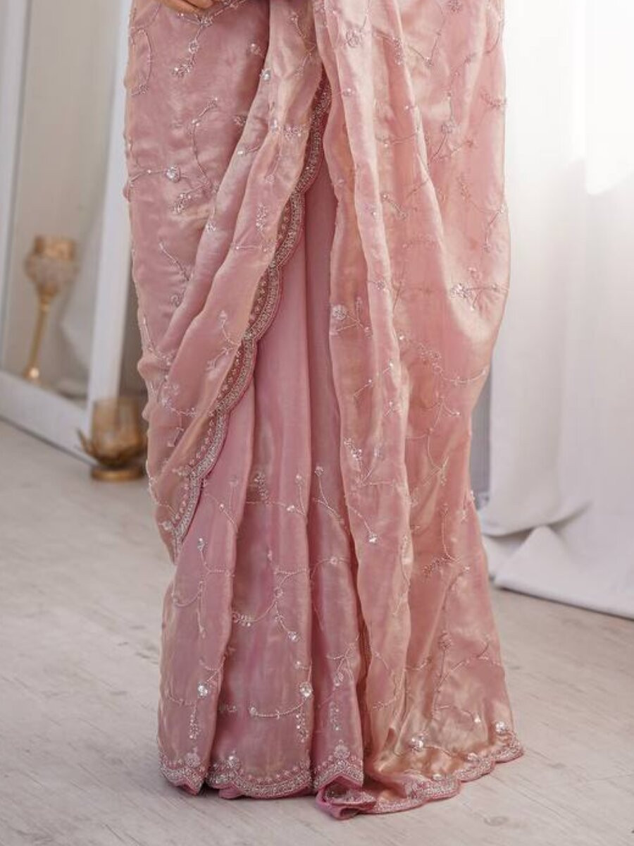 Peach Premium Two Tone Fandy Silk Embroidery Sequins Wedding Reception Party Festival Casual Heavy Border Sarees