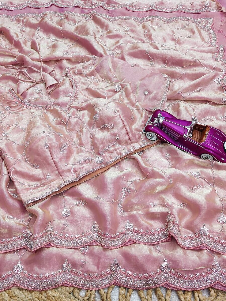 Peach Premium Two Tone Fandy Silk Embroidery Sequins Wedding Reception Party Festival Casual Heavy Border Sarees