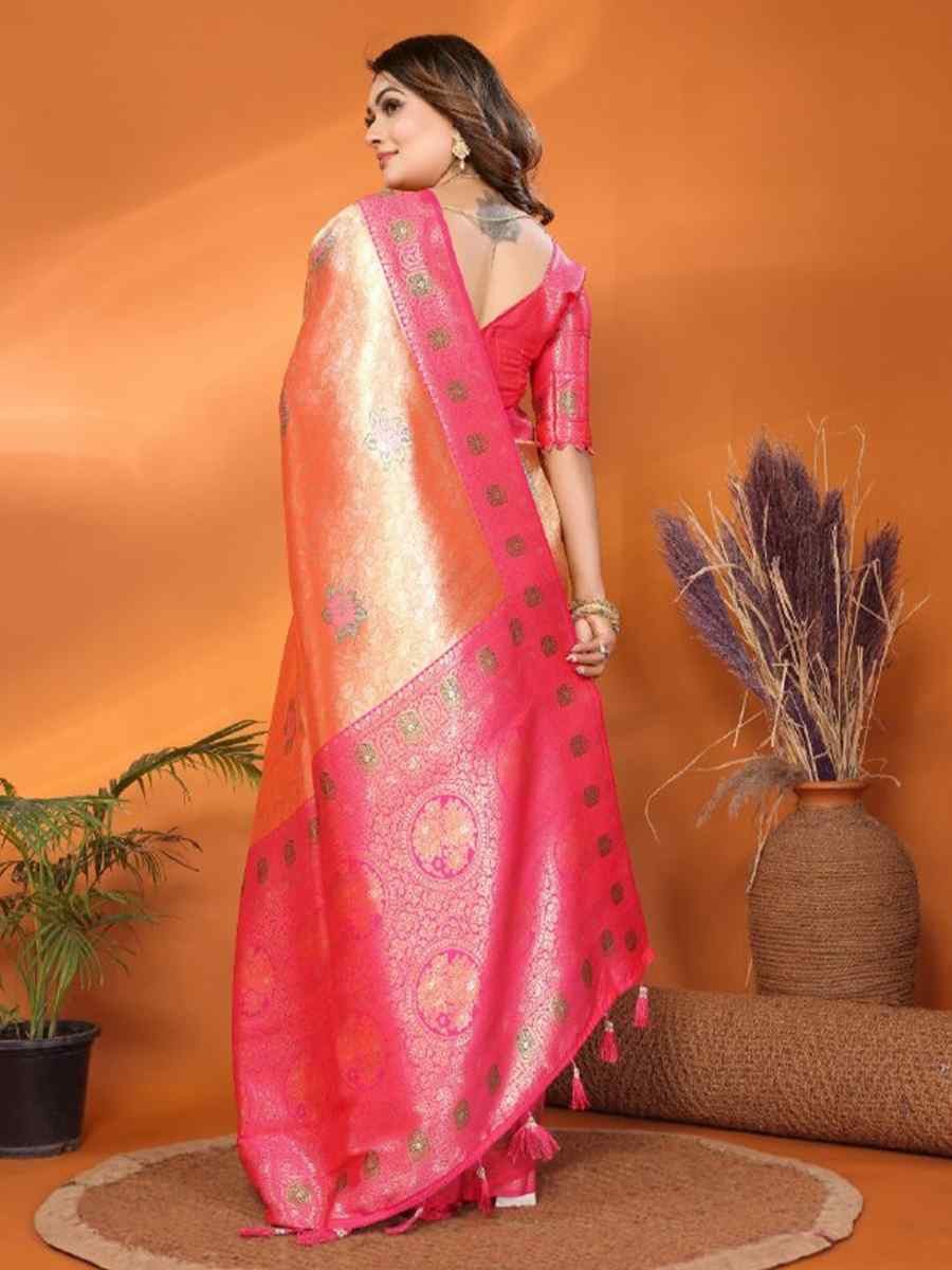 Peach Pure Banarasi Tissue Silk Handwoven Festival Wedding Fancy Heavy Border Saree