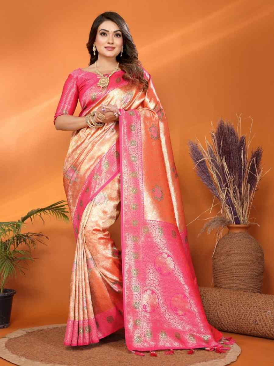 Peach Pure Banarasi Tissue Silk Handwoven Festival Wedding Fancy Heavy Border Saree