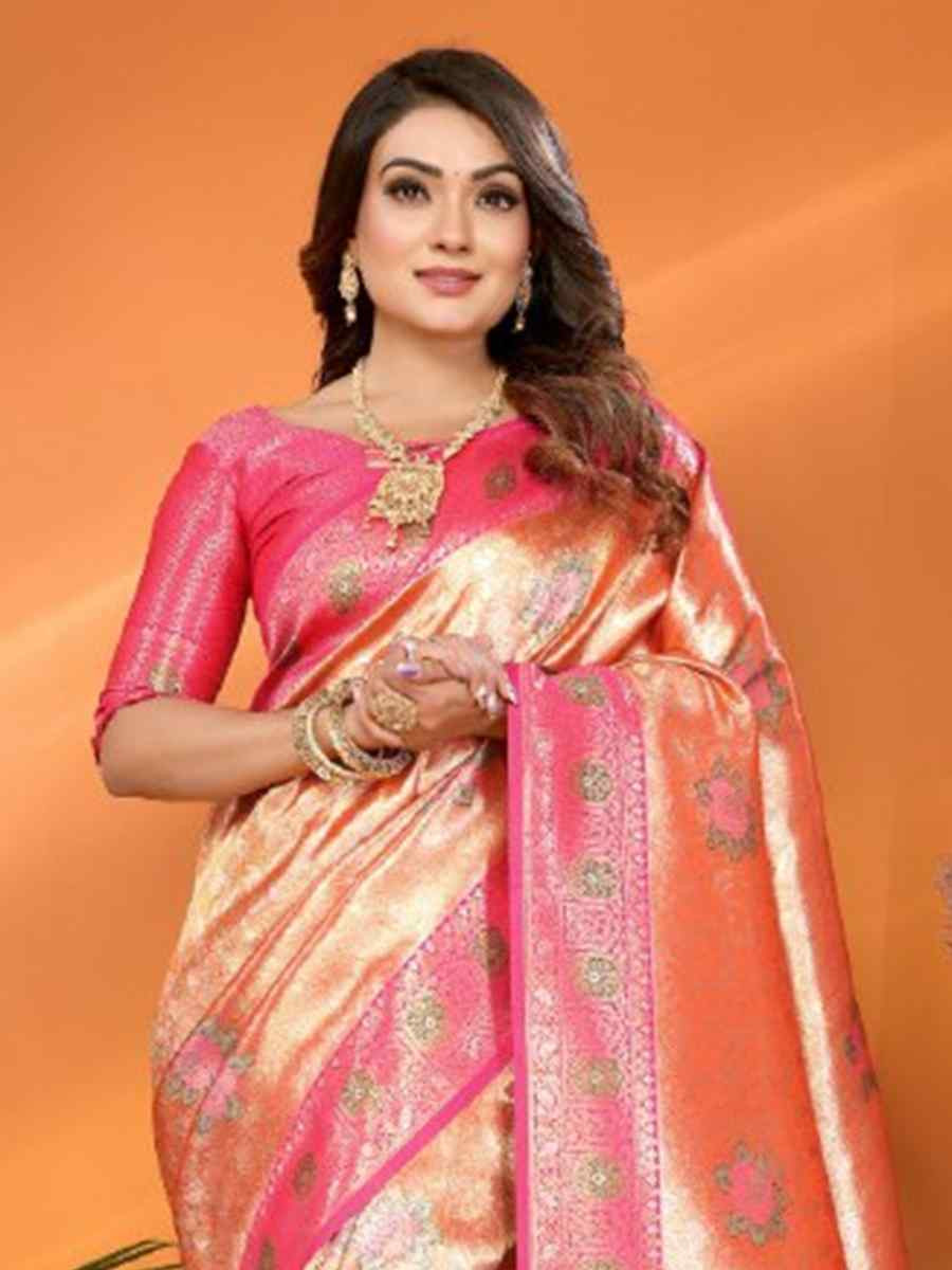 Peach Pure Banarasi Tissue Silk Handwoven Festival Wedding Fancy Heavy Border Saree
