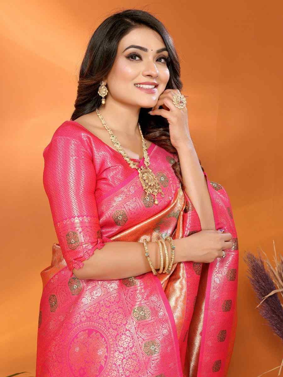 Peach Pure Banarasi Tissue Silk Handwoven Festival Wedding Fancy Heavy Border Saree