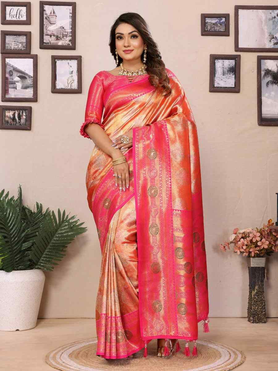 Peach Pure Banarasi Tissue Silk Handwoven Festival Wedding Fancy Heavy Border Saree