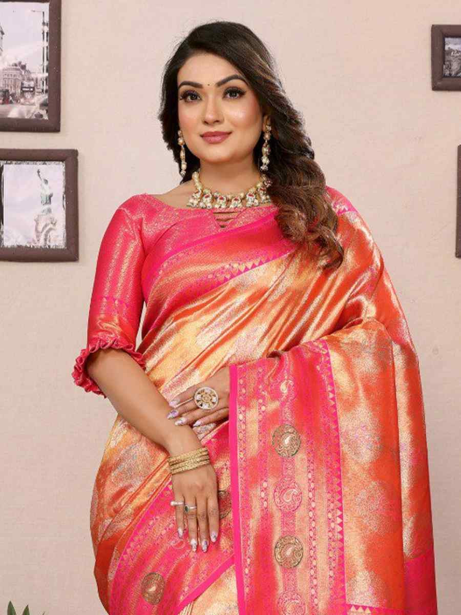 Peach Pure Banarasi Tissue Silk Handwoven Festival Wedding Fancy Heavy Border Saree