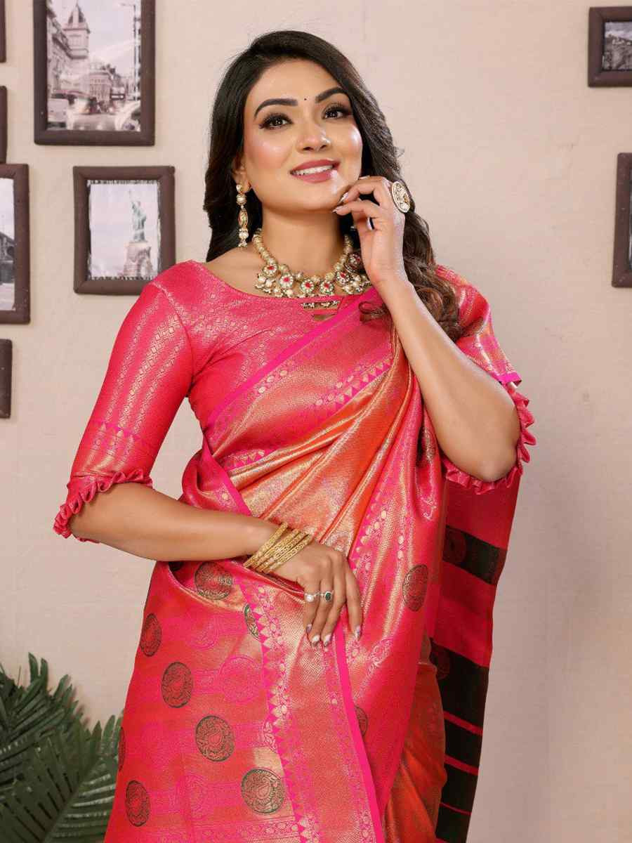 Peach Pure Banarasi Tissue Silk Handwoven Festival Wedding Fancy Heavy Border Saree