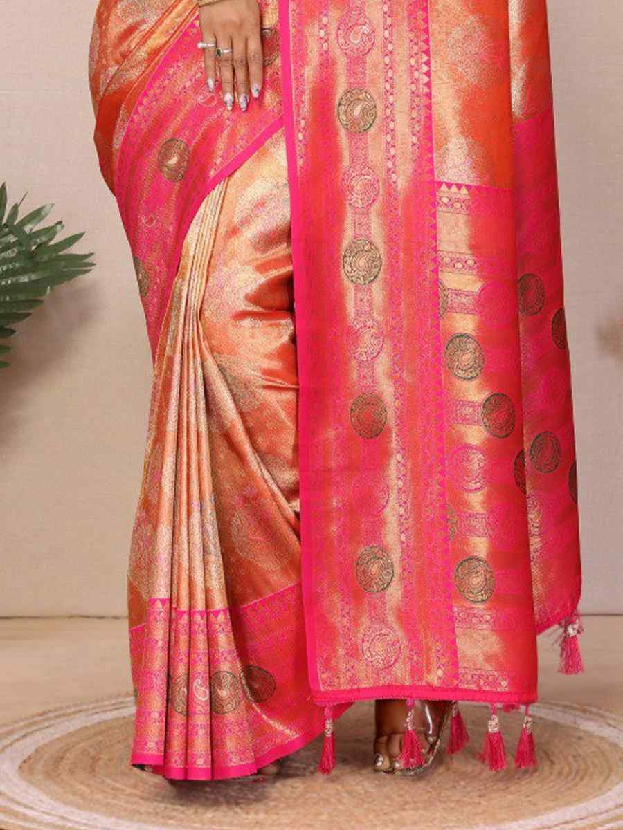 Peach Pure Banarasi Tissue Silk Handwoven Festival Wedding Fancy Heavy Border Saree