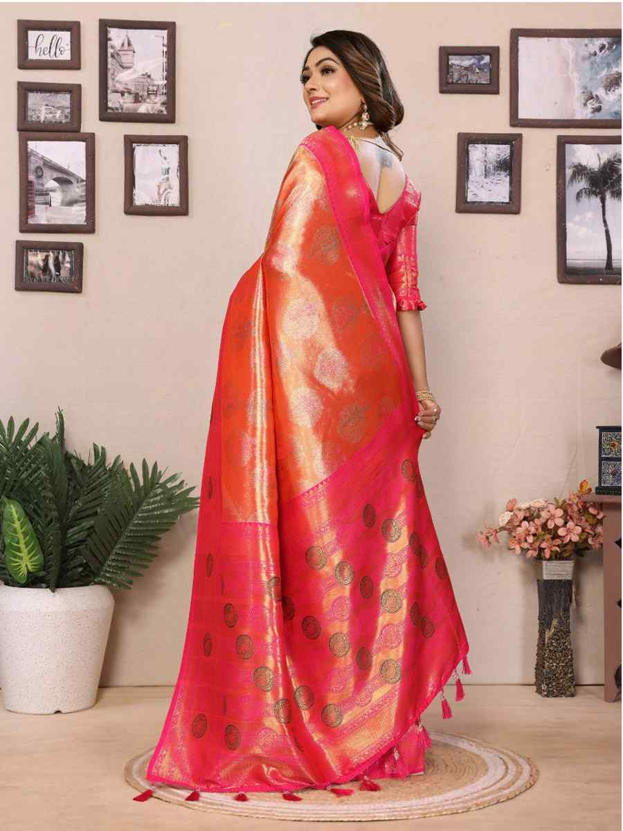 Peach Pure Banarasi Tissue Silk Handwoven Festival Wedding Fancy Heavy Border Saree
