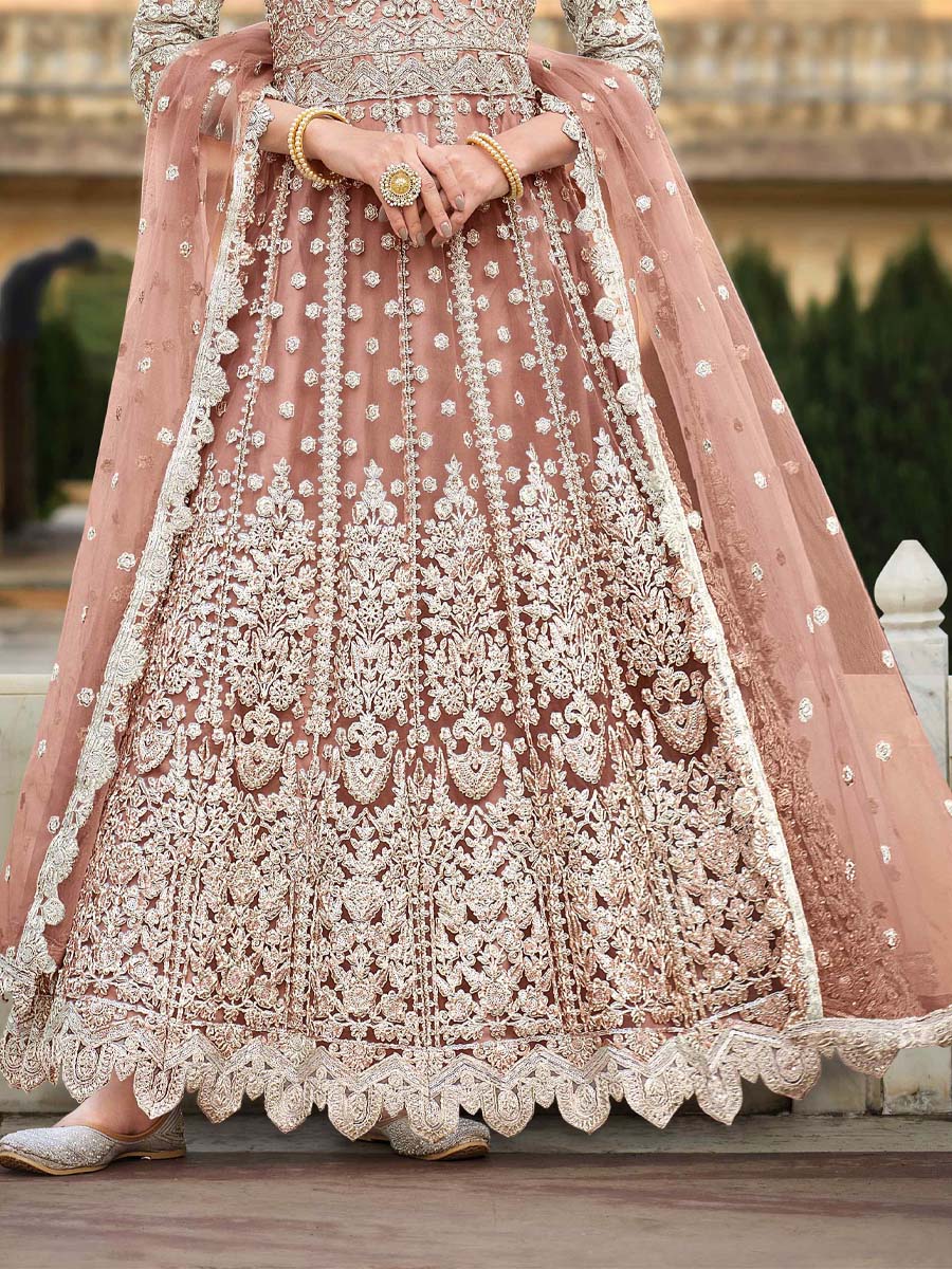 Peach Pure Butterfly Net Embroidered Wedding Engagement Anarkali Salwar Kameez
