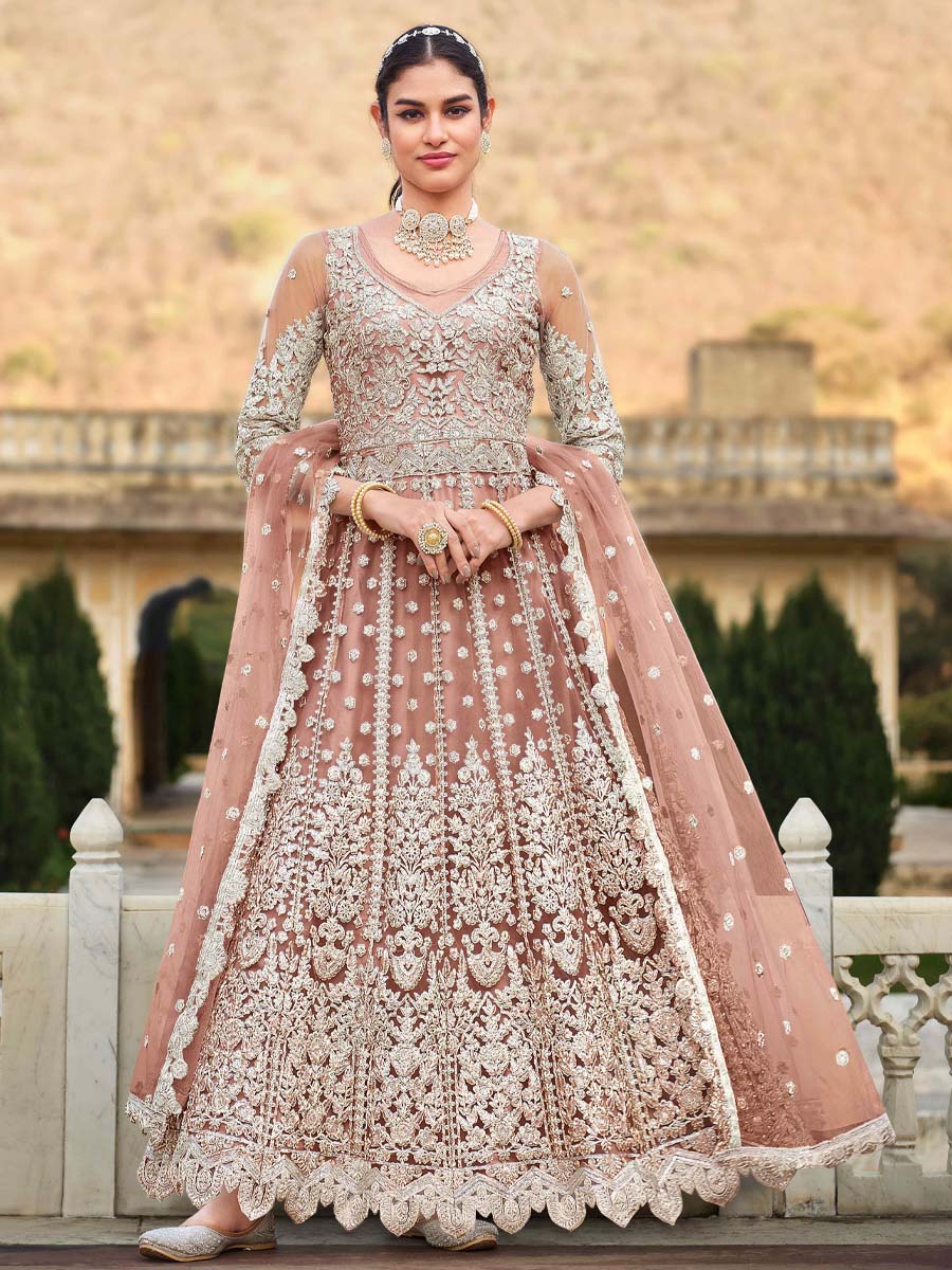 Peach Pure Butterfly Net Embroidered Wedding Engagement Anarkali Salwar Kameez