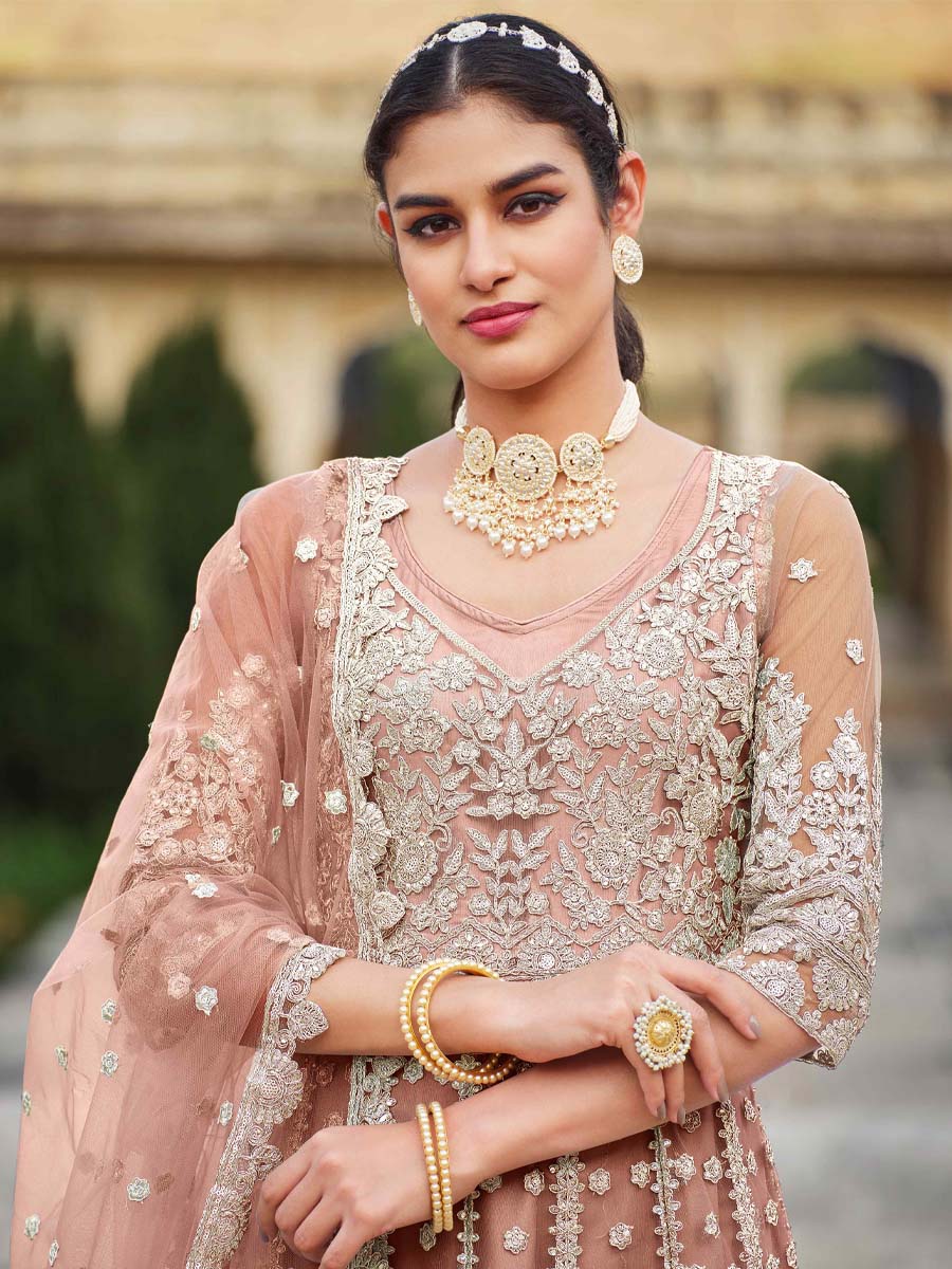 Peach Pure Butterfly Net Embroidered Wedding Engagement Anarkali Salwar Kameez