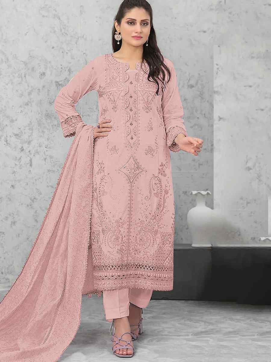 Peach Pure Cambric Cotton Embroidered Festival Wedding Pant Salwar Kameez