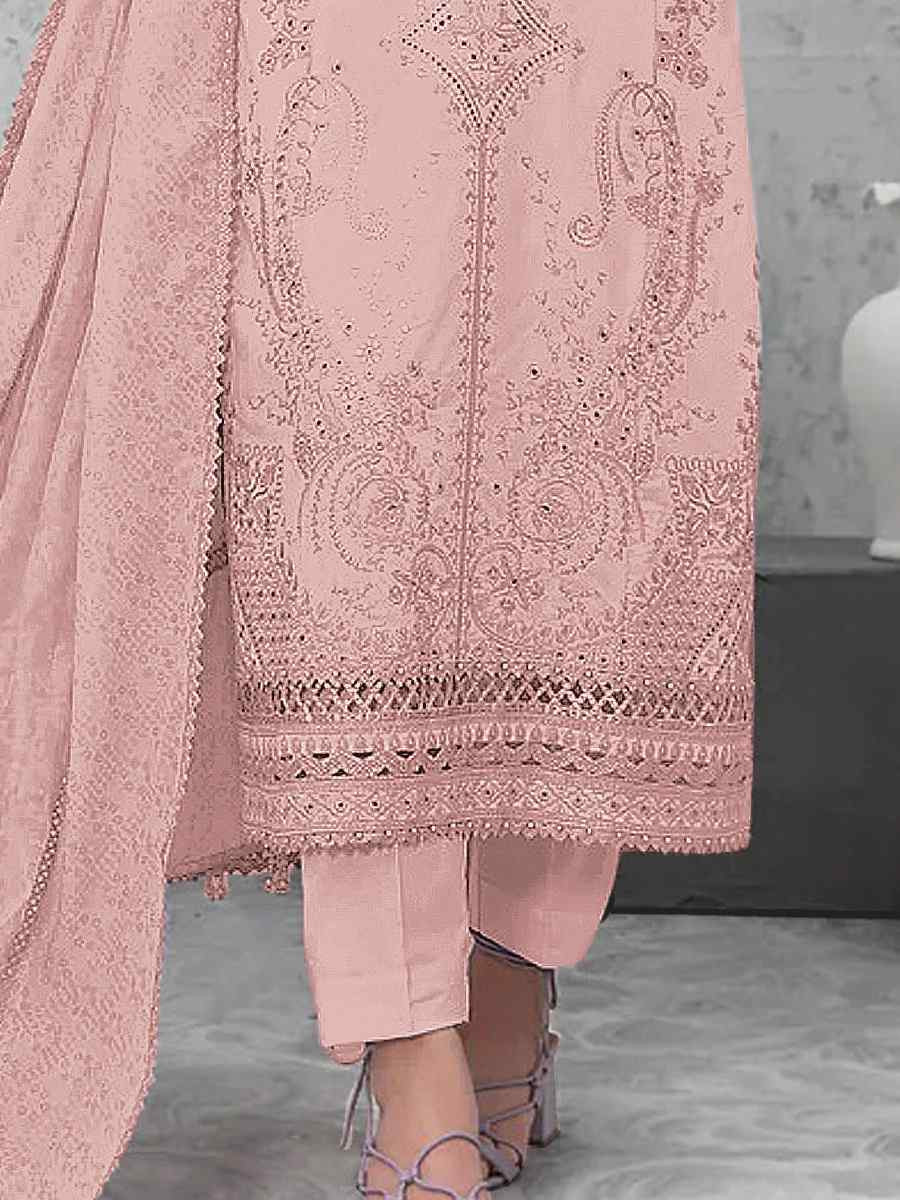 Peach Pure Cambric Cotton Embroidered Festival Wedding Pant Salwar Kameez