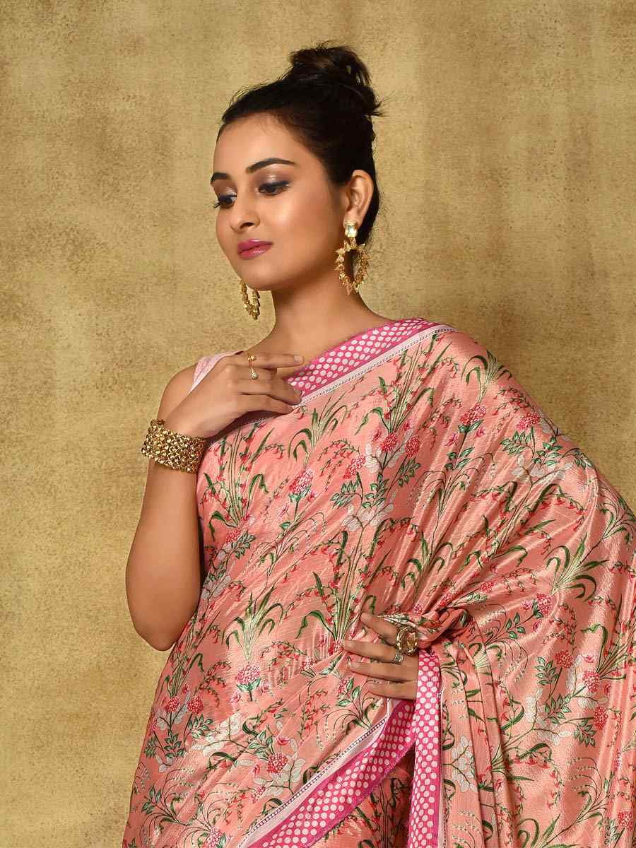 Peach Pure Chinon Printed Party Festival Contemporary Saree