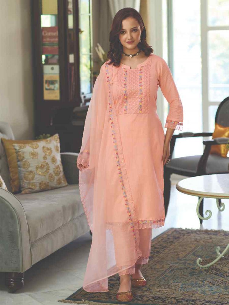 Peach Pure Cotton Embroidered Festival Casual Ready Pant Salwar Kameez