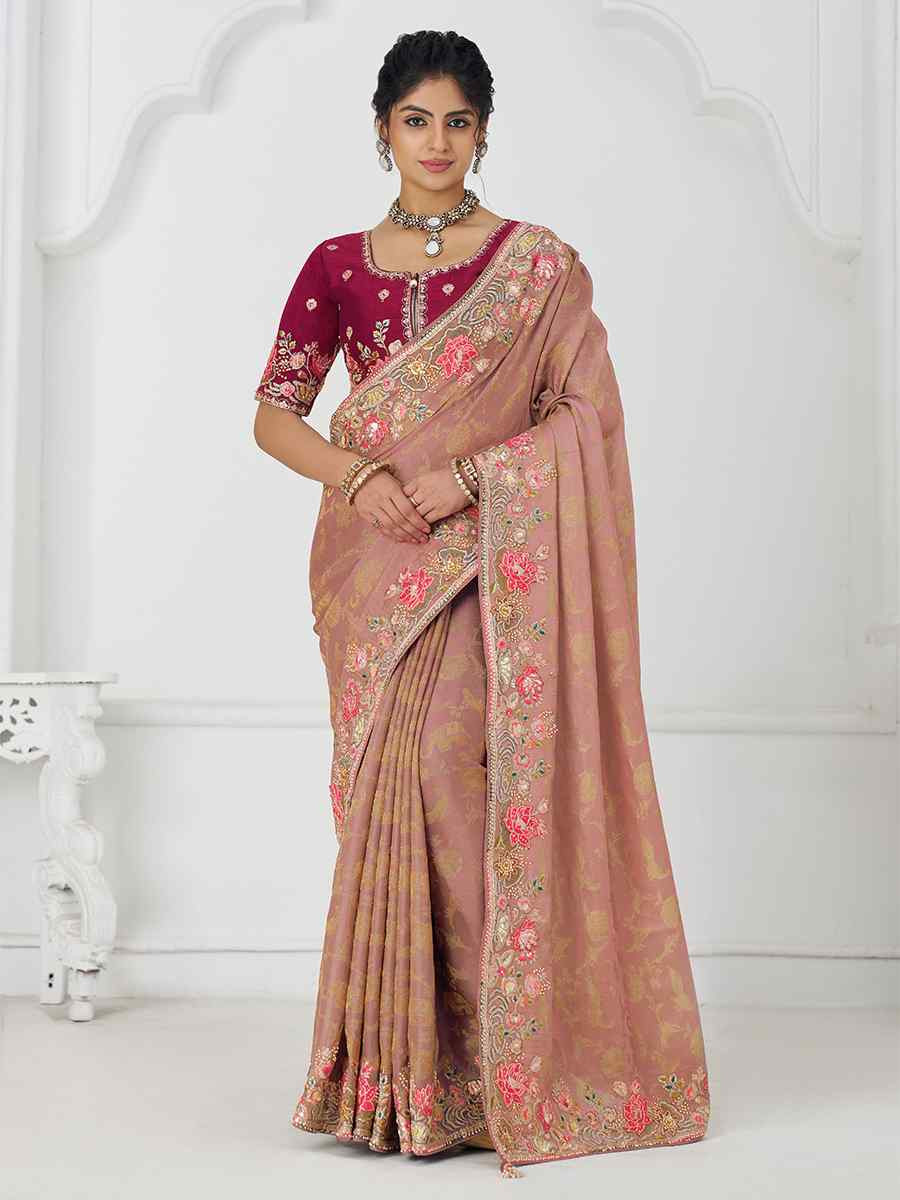Peach Pure Dola Viscouse Silk Embroidered Festival Wedding Fancy Heavy Border Saree