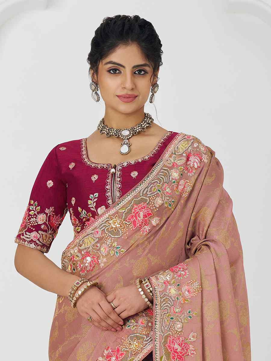 Peach Pure Dola Viscouse Silk Embroidered Festival Wedding Fancy Heavy Border Saree