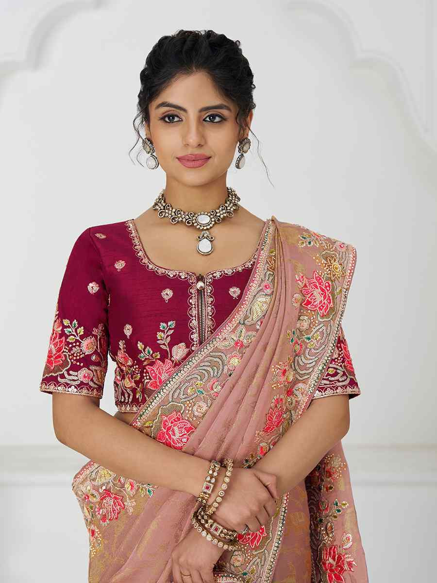 Peach Pure Dola Viscouse Silk Embroidered Festival Wedding Fancy Heavy Border Saree
