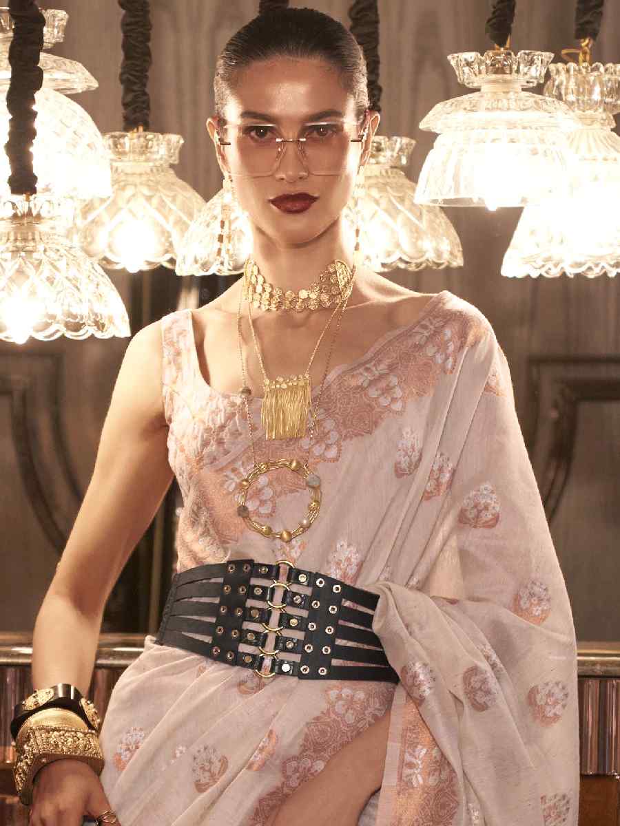 Peach Pure Linen Handwoven Wedding Festival Heavy Border Saree