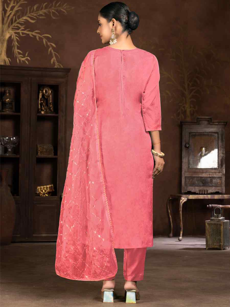 Peach Pure Organza Embroidered Casual Festival Pant Salwar Kameez