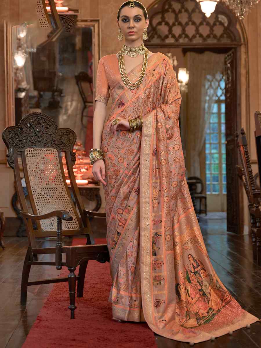 Peach Pure Patola Handwoven Wedding Festival Classic Style Saree