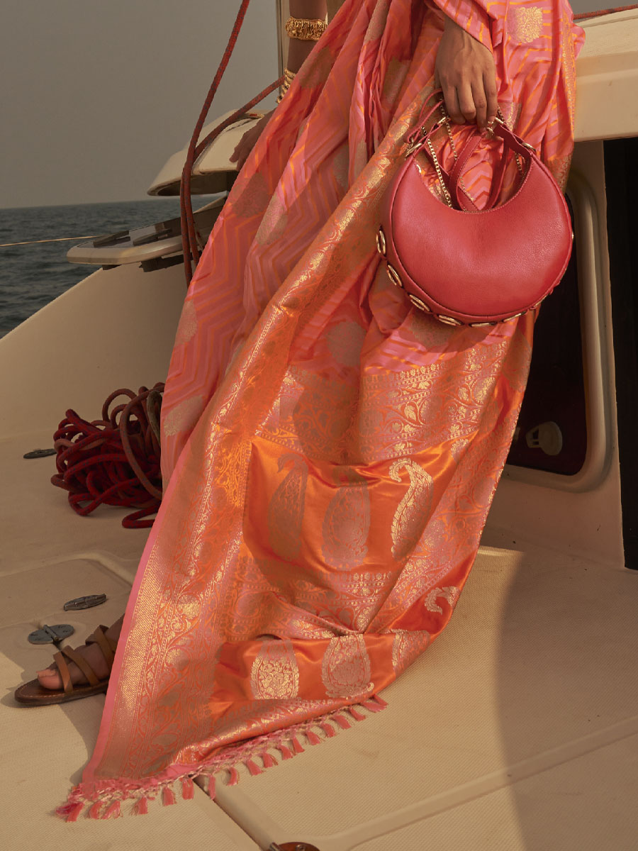 Peach Pure Satin Handwoven Festival Party Heavy Border Saree