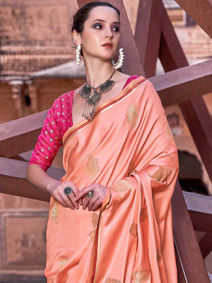 Peach Pure Satin Handwoven Wedding Festival Heavy Border Saree