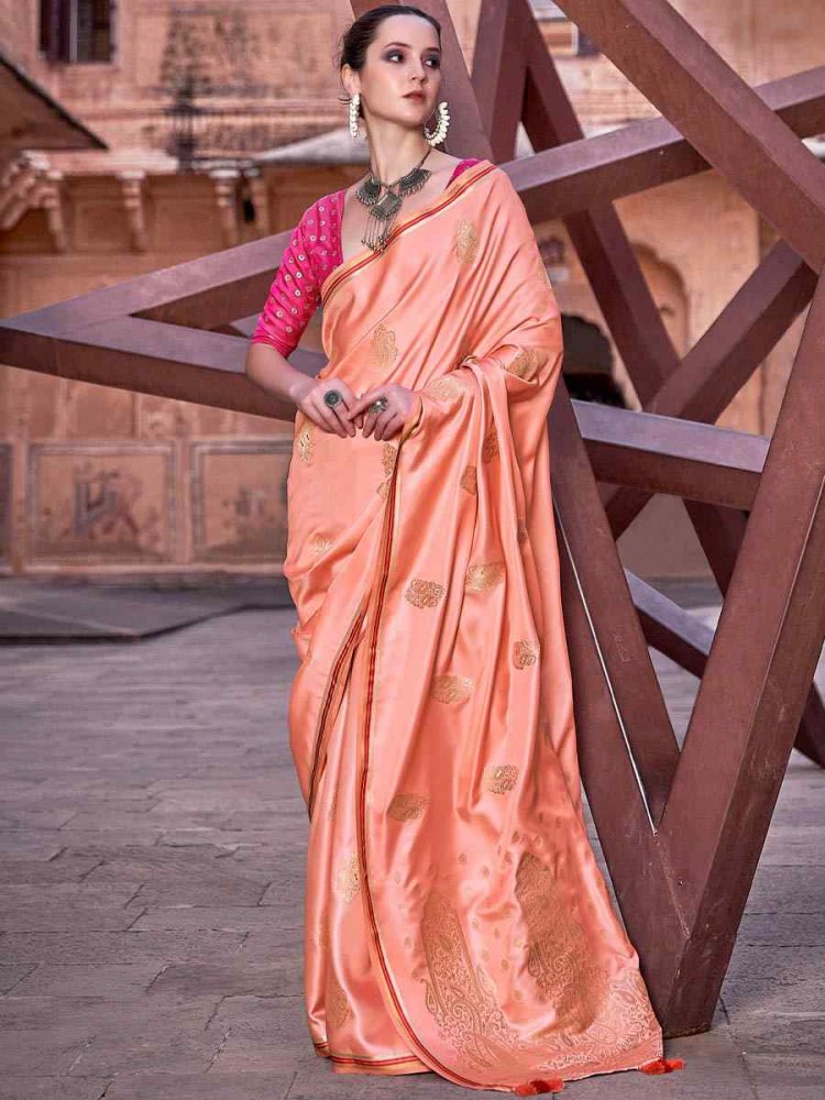 Peach Pure Satin Handwoven Wedding Festival Heavy Border Saree