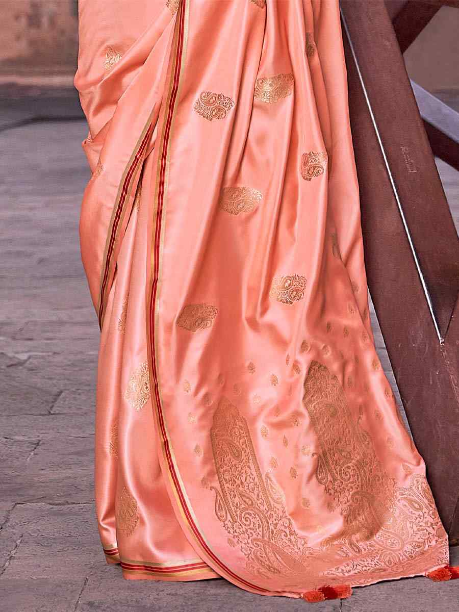 Peach Pure Satin Handwoven Wedding Festival Heavy Border Saree
