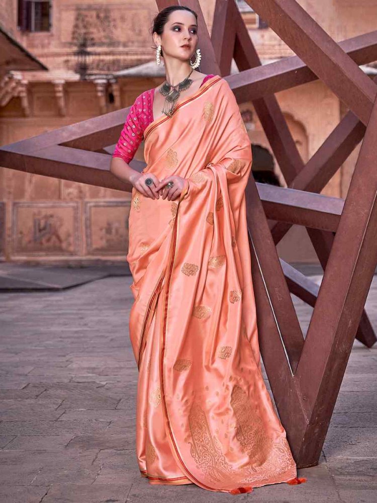 Peach Pure Satin Silk Handwoven Wedding Festival Classic Style Saree