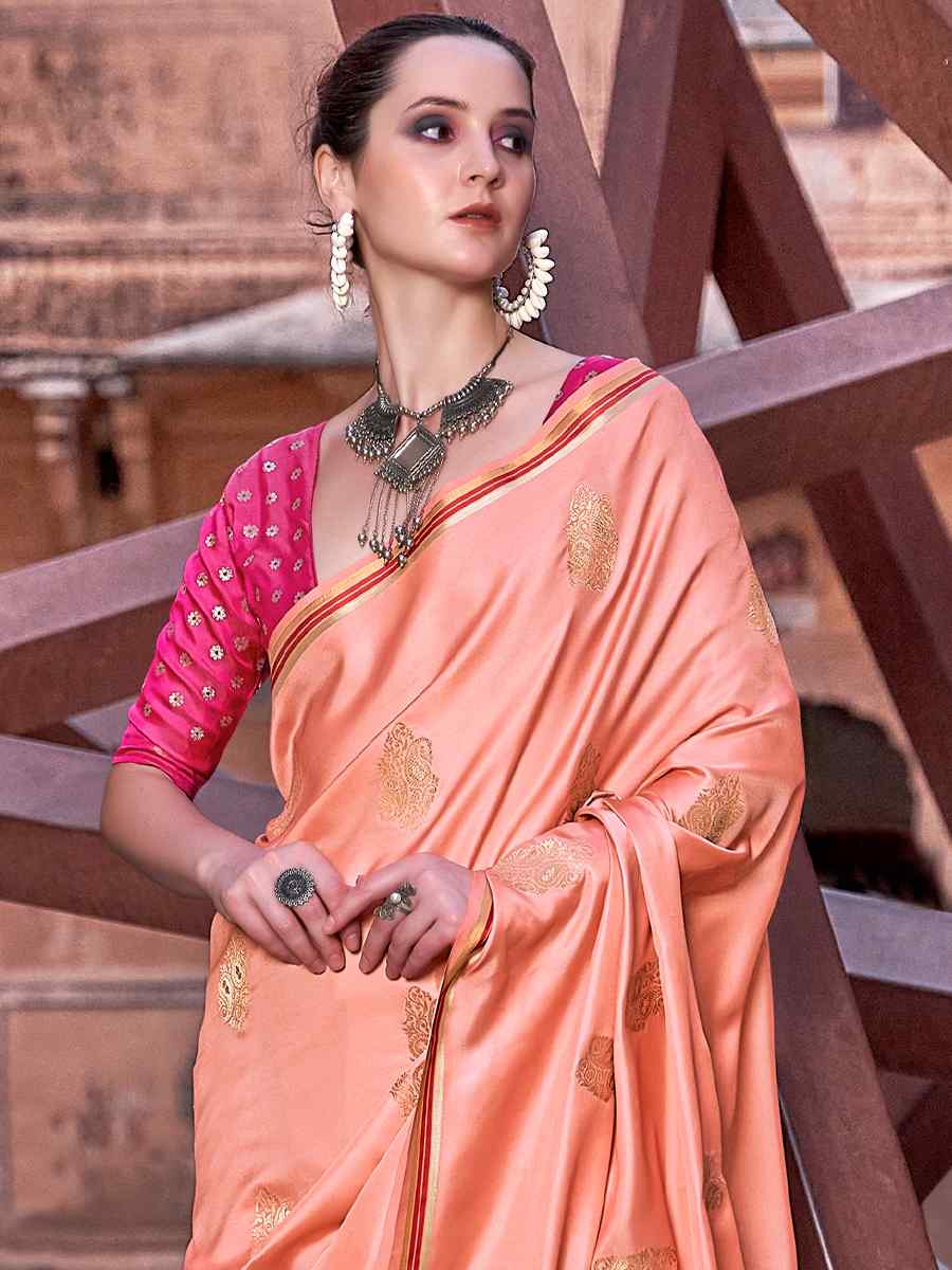 Peach Pure Satin Silk Handwoven Wedding Festival Classic Style Saree