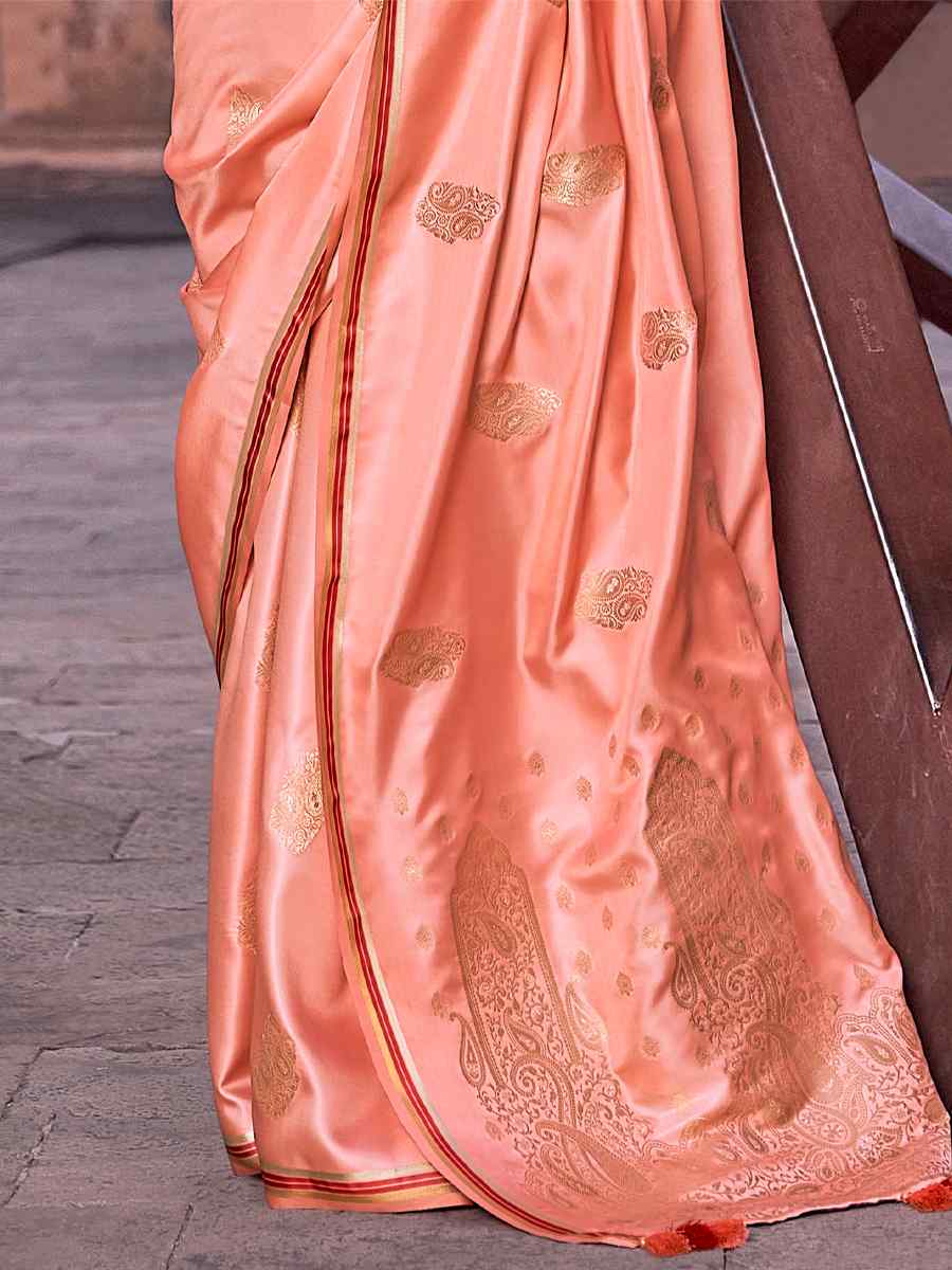 Peach Pure Satin Silk Handwoven Wedding Festival Classic Style Saree