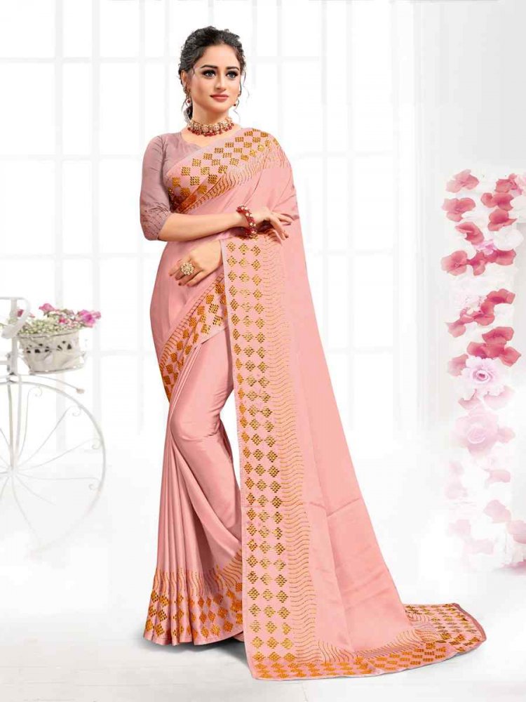 Peach Pure Satin Traditional Party Festival Classic Style Saree