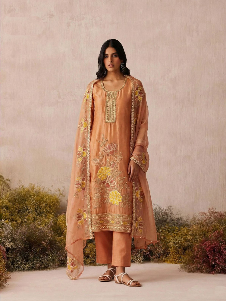 Image of Peach Pure Shimmer Silk Embroidery Floral Sequins Party Wedding Festival Casual Ready Pant Salwar Kameez