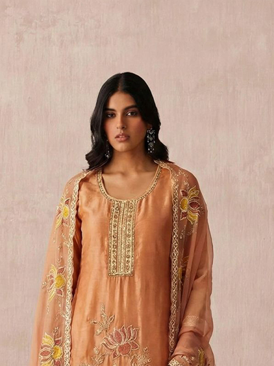 Peach Pure Shimmer Silk Embroidery Floral Sequins Party Wedding Festival Casual Ready Pant Salwar Kameez