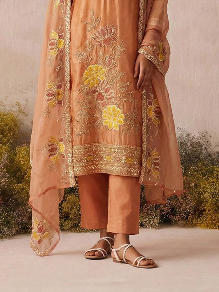 Peach Pure Shimmer Silk Embroidery Floral Sequins Party Wedding Festival Casual Ready Pant Salwar Kameez