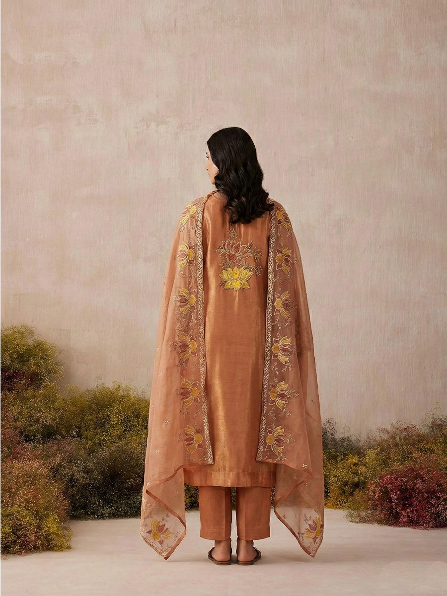 Peach Pure Shimmer Silk Embroidery Floral Sequins Party Wedding Festival Casual Ready Pant Salwar Kameez