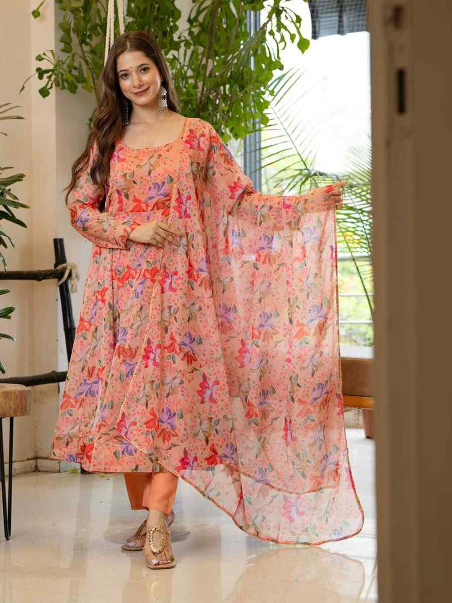 Peach Pure Soft Organza Printed Party Wedding Festival Casual Ready Anarkali Salwar Kameez
