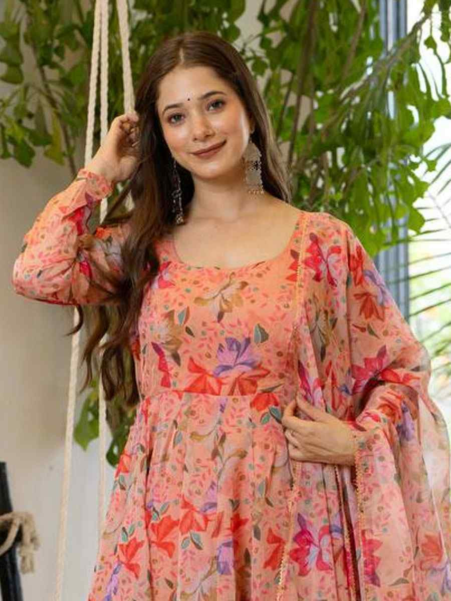 Peach Pure Soft Organza Printed Party Wedding Festival Casual Ready Anarkali Salwar Kameez