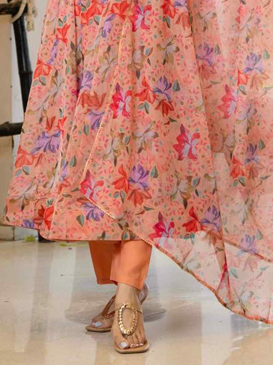 Peach Pure Soft Organza Printed Party Wedding Festival Casual Ready Anarkali Salwar Kameez