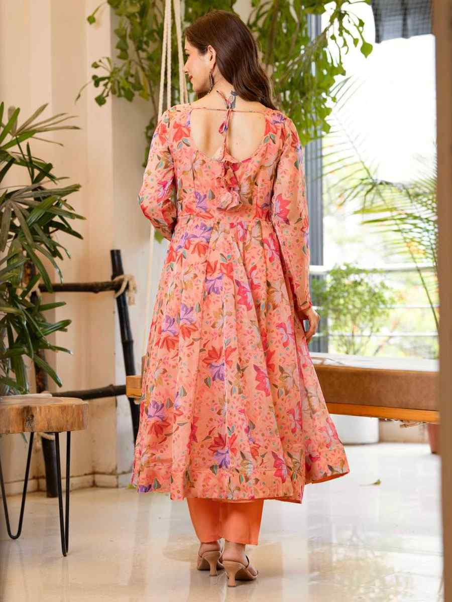 Peach Pure Soft Organza Printed Party Wedding Festival Casual Ready Anarkali Salwar Kameez