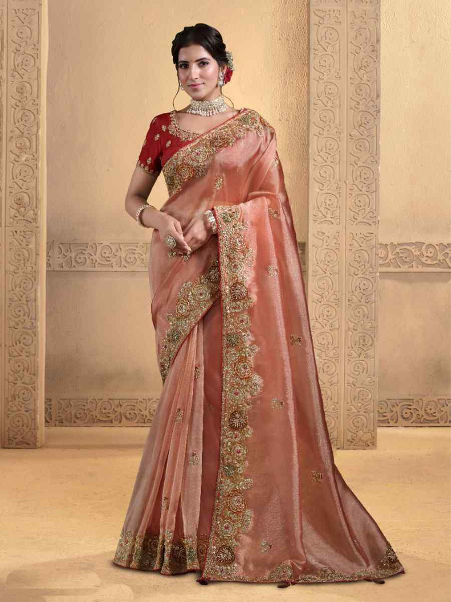 Peach Pure Twill Tissue Embroidery Bridal Reception Party Festival Wedding Fancy Heavy Border Sarees