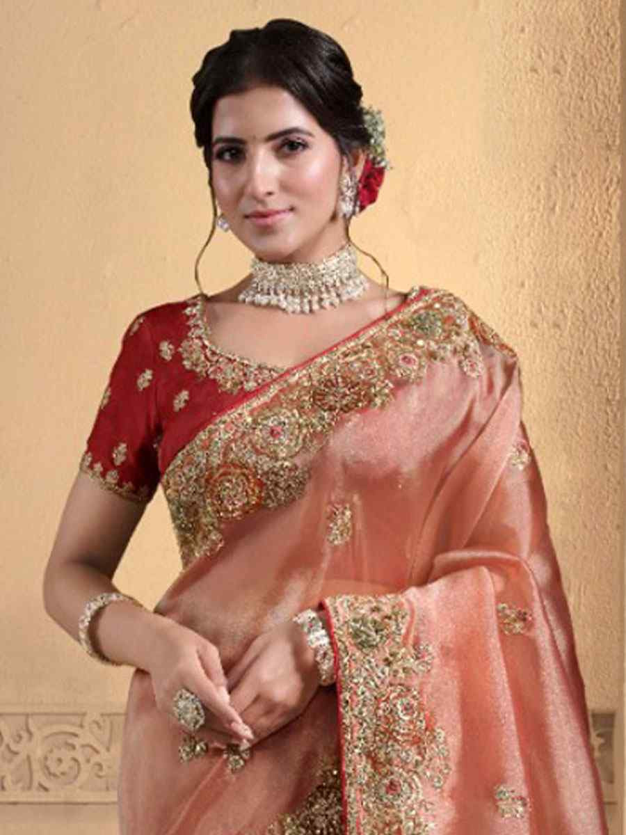 Peach Pure Twill Tissue Embroidery Bridal Reception Party Festival Wedding Fancy Heavy Border Sarees