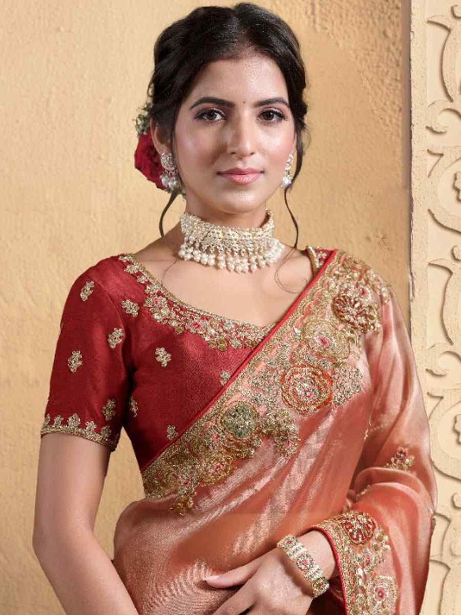 Peach Pure Twill Tissue Embroidery Bridal Reception Party Festival Wedding Fancy Heavy Border Sarees
