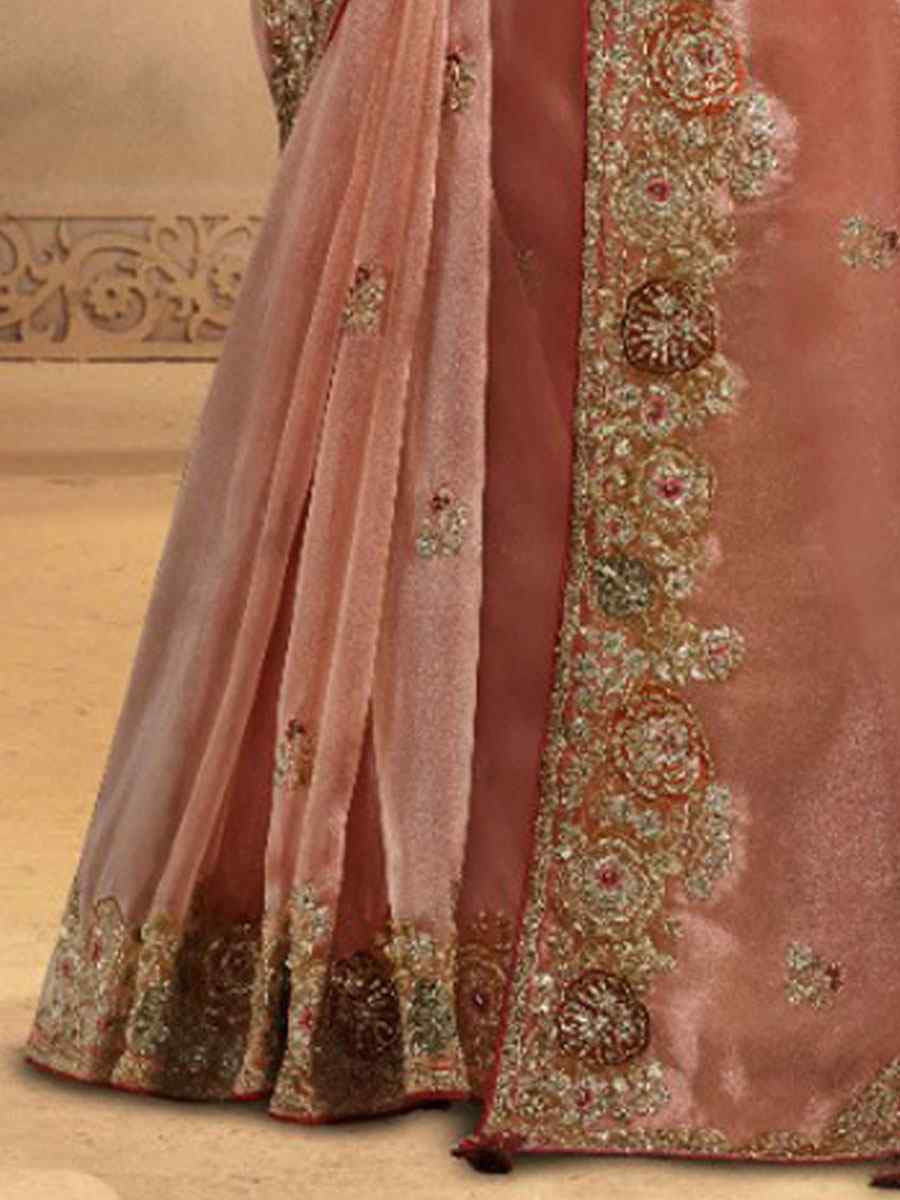 Peach Pure Twill Tissue Embroidery Bridal Reception Party Festival Wedding Fancy Heavy Border Sarees