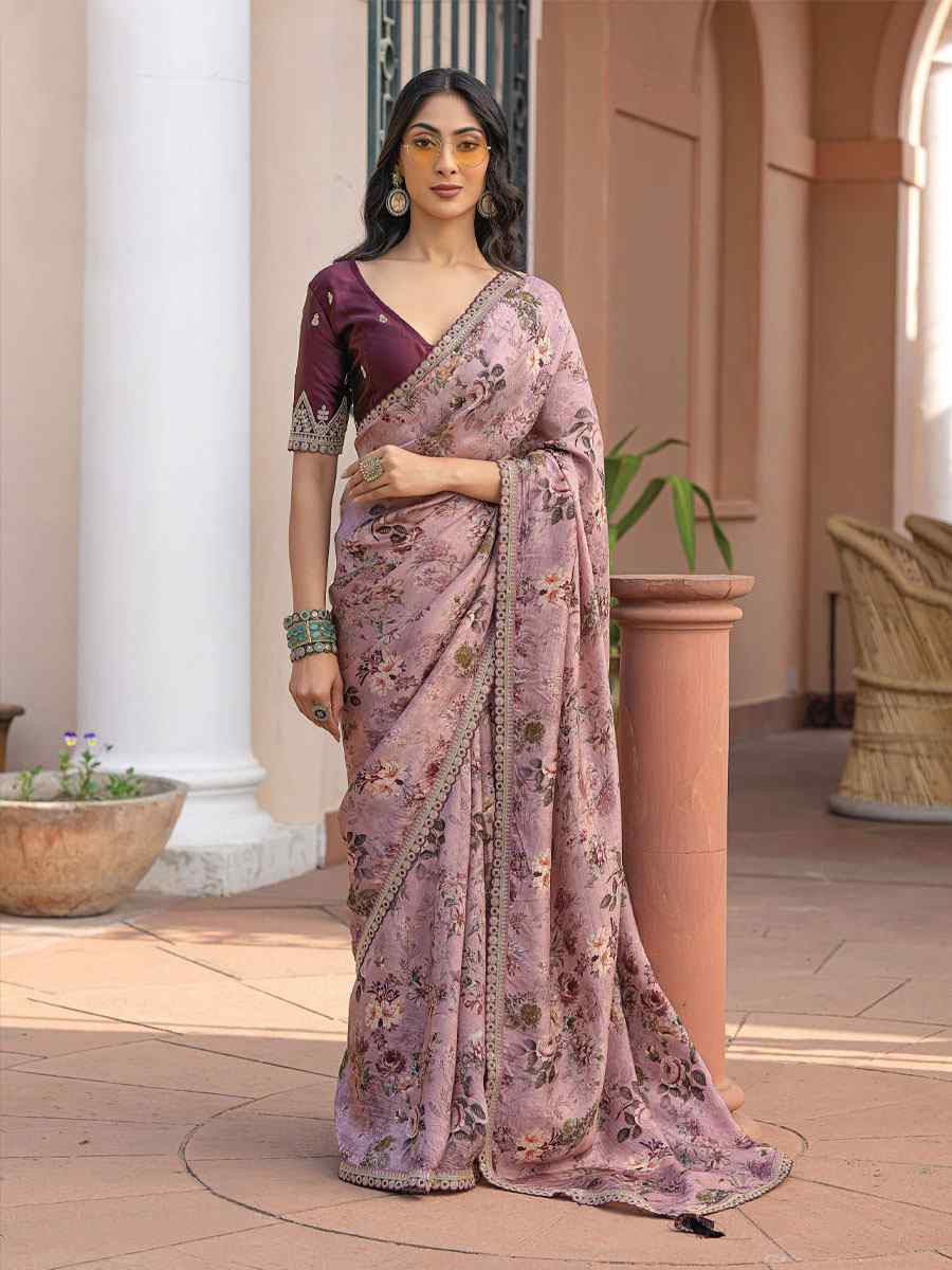 Peach Pure Viscose Dola Silk Embroidery Casual Festival Party Heavy Border Sarees