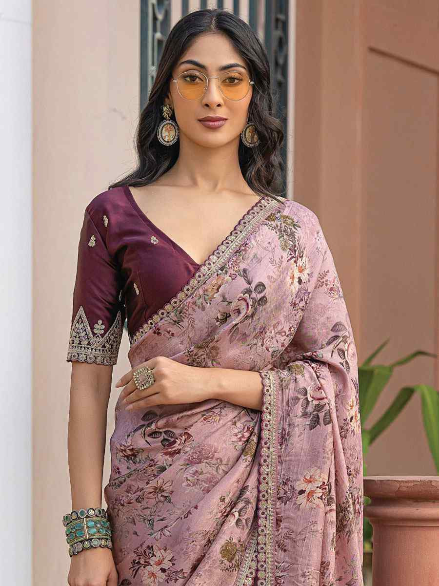 Peach Pure Viscose Dola Silk Embroidery Casual Festival Party Heavy Border Sarees