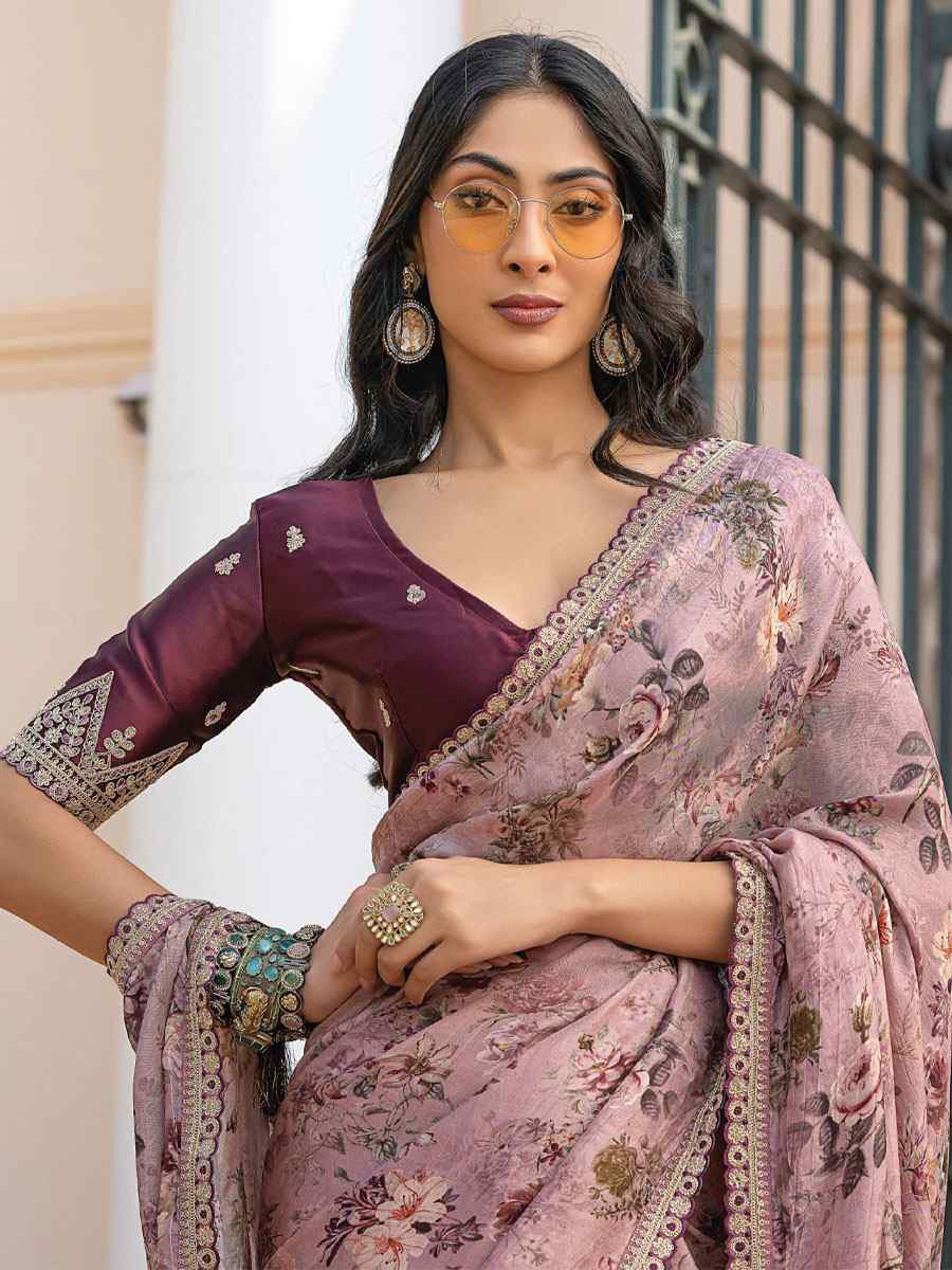 Peach Pure Viscose Dola Silk Embroidery Casual Festival Party Heavy Border Sarees
