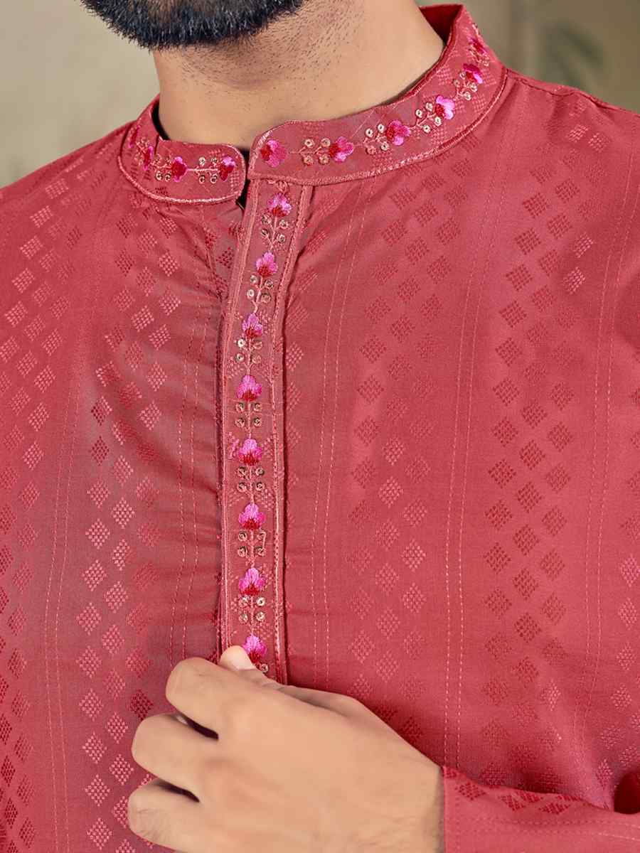 Peach Pure Viscose Embroidered Festival Casual Kurta