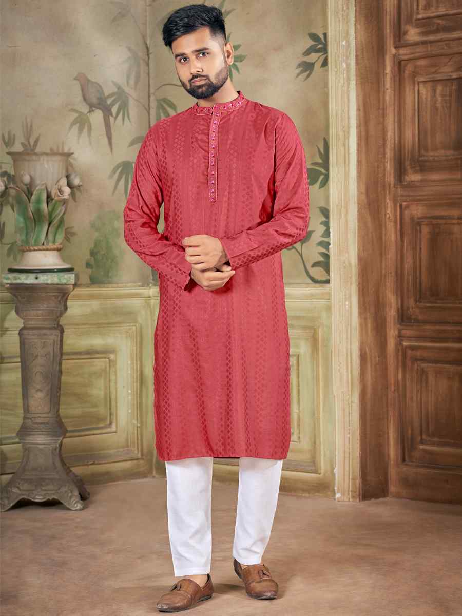 Peach Pure Viscose Embroidered Festival Casual Kurta